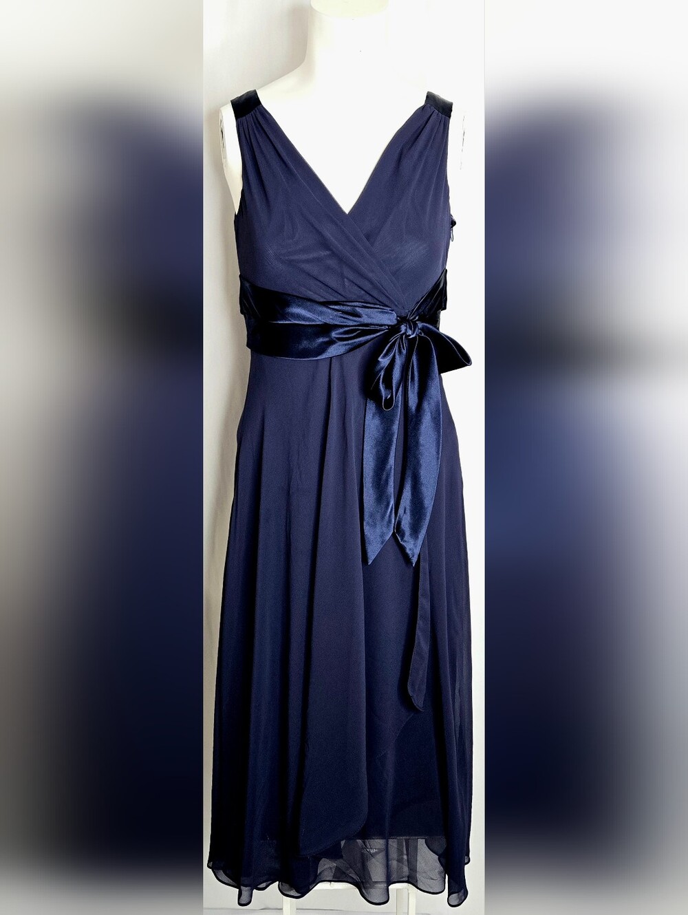 Evan-Picone Navy Chiffon Draped Ruffle Satin Bow Wedding Guest‎ Dress 4 NWOT